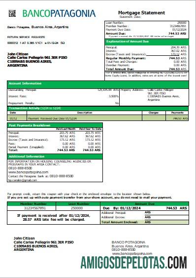 Extrato de hipoteca do banco Argentina Banco Patagonia Scr exemplo real